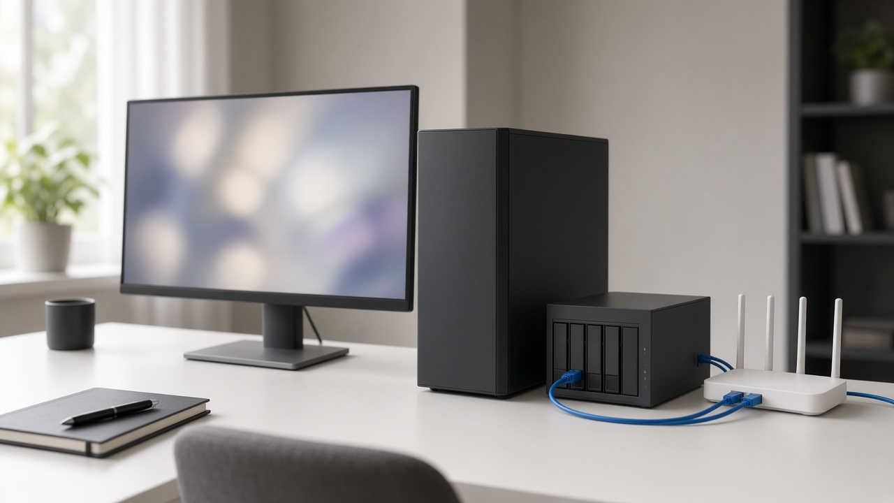 Home office desk with a tower PC, network storage box and white Wi-Fi router connected by blue Ethernet cables, no logos or readable screens