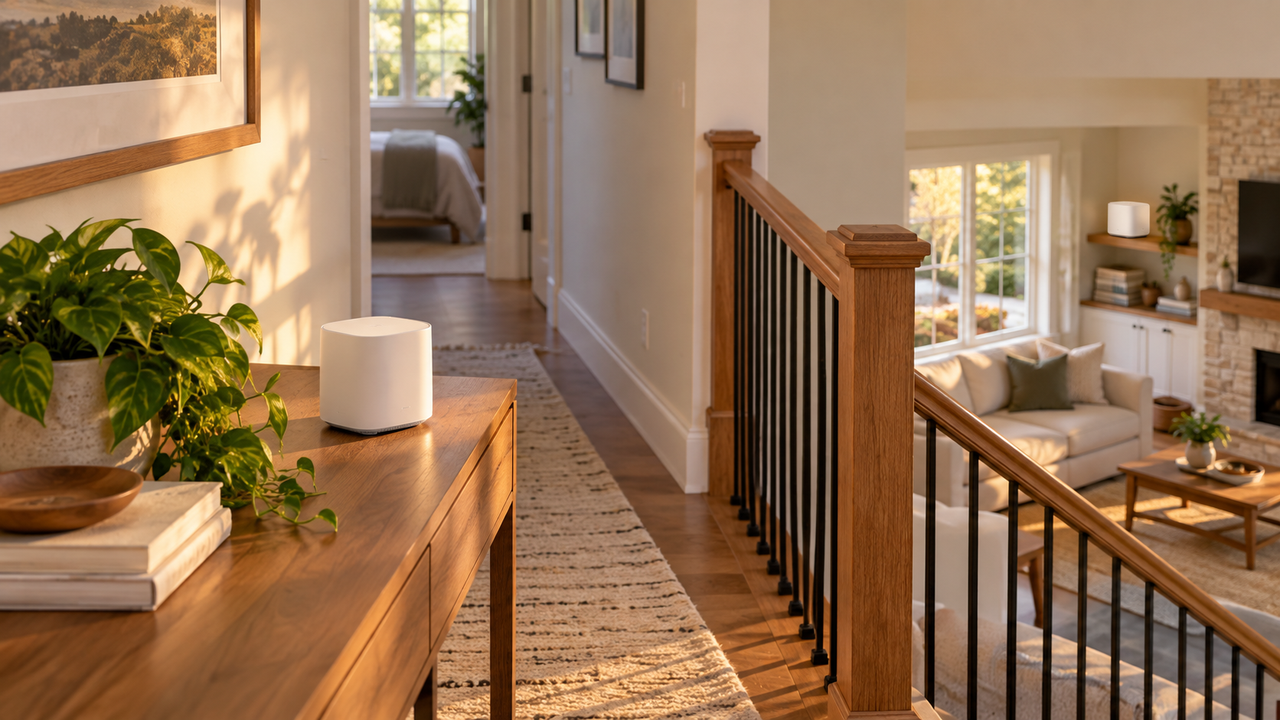 Two-story home interior with a white mesh Wi-Fi extender on a hallway table and a gateway visible downstairs