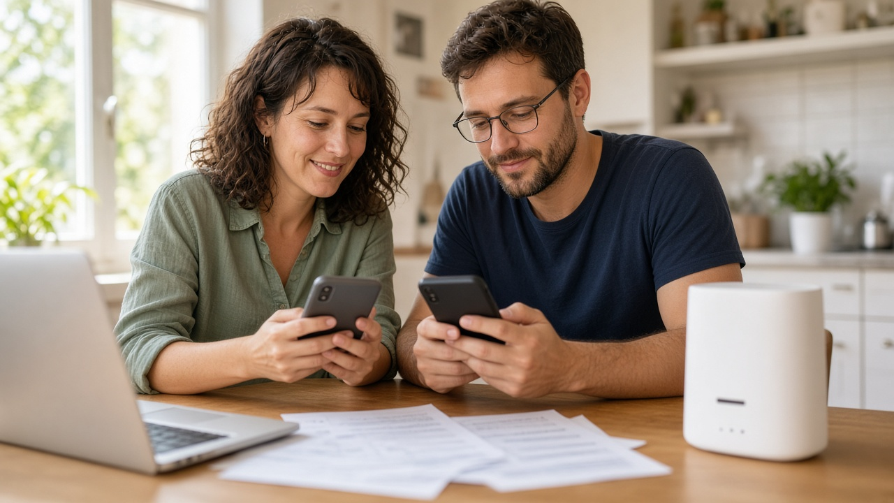 Couple at a kitchen table at home comparing two smartphones next to a home Wi-Fi gateway, laptop and household bills