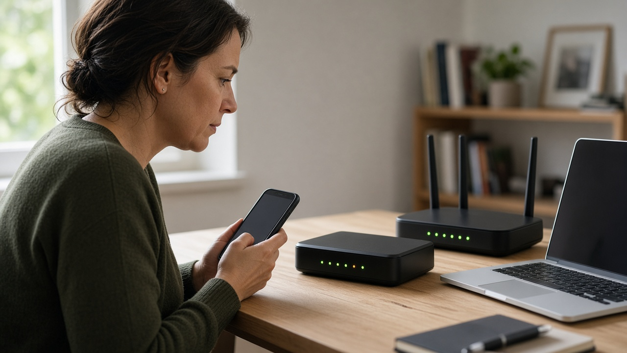 Person checking a cable modem with blinking lights while holding a smartphone in a home office