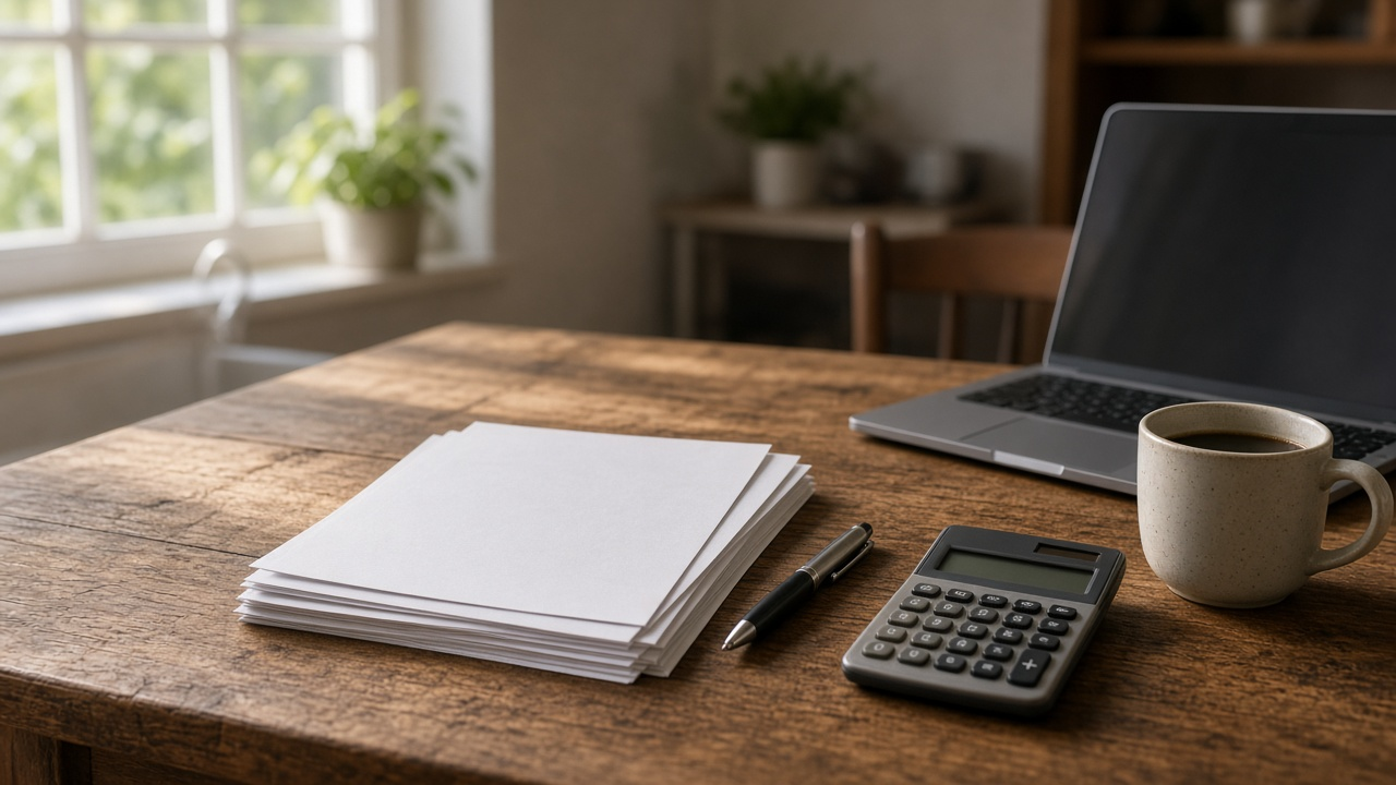 Kitchen table with a stack of household bills, a pen, a calculator and a laptop, morning light from a window
