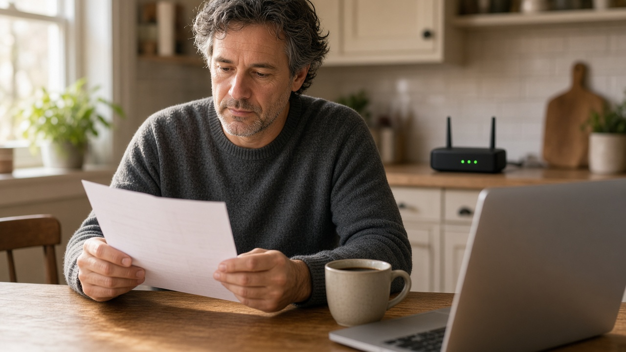 Homeowner at a kitchen table reviewing a paper internet bill beside a laptop, with a cable modem on the counter in the background