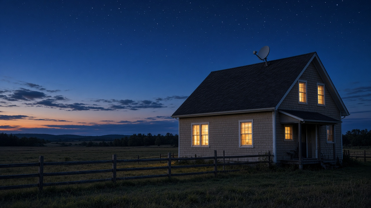 Rural farmhouse at dusk with a satellite dish on the roof under a clear sky with early stars, open fields around, no people or logos