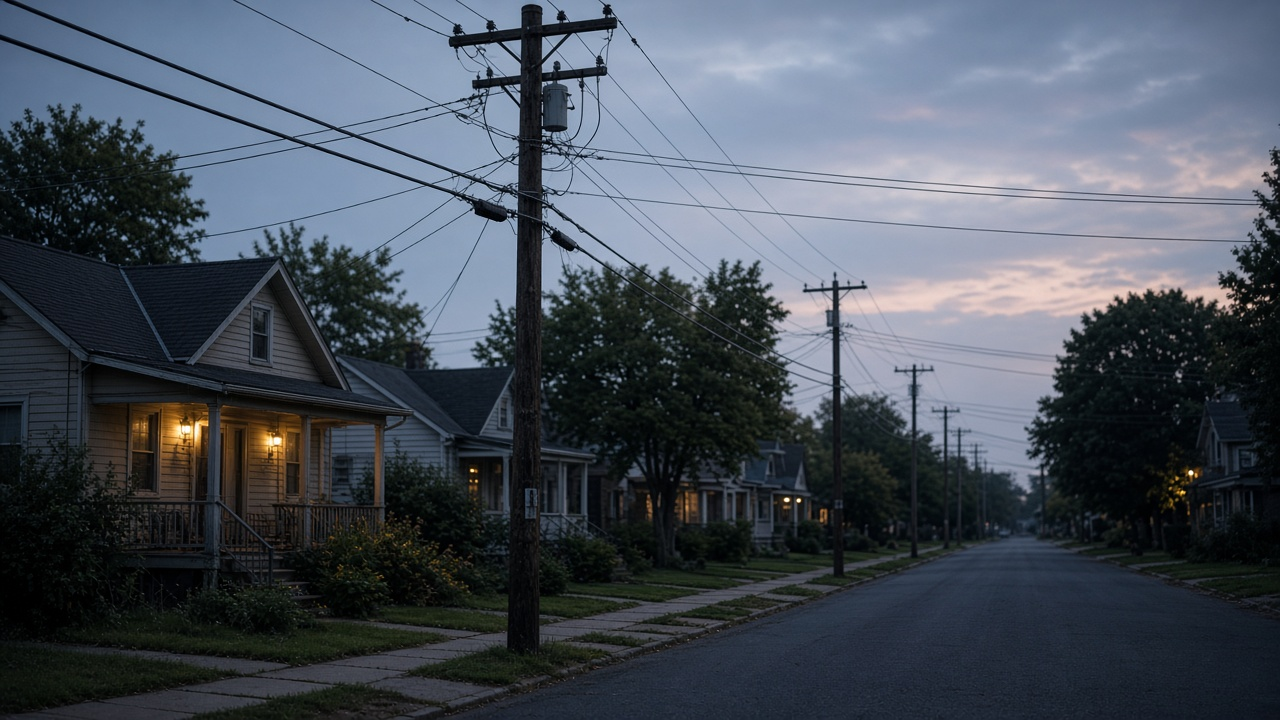 Quiet small-town street at dusk with utility poles and cable lines running past modest houses, soft warm light, no logos