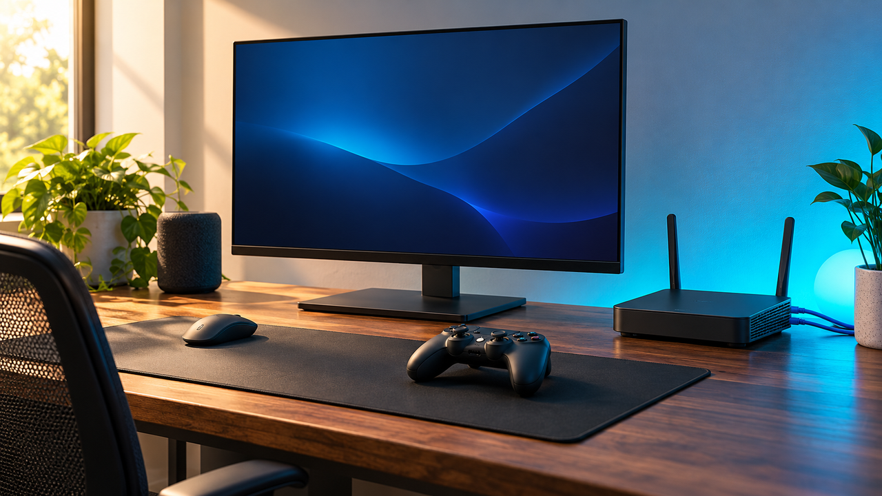 Empty gaming desk with an unbranded monitor, controller, router and Ethernet cable