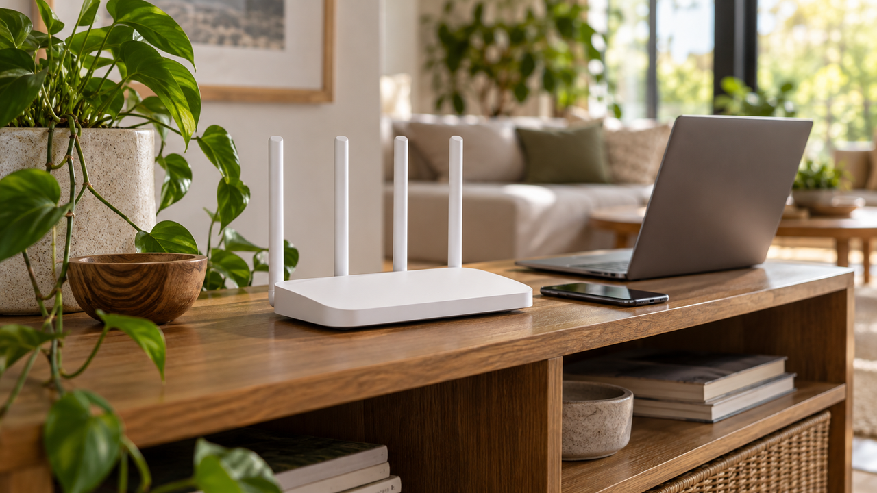 Modern Wi-Fi router on a living room shelf with a laptop and phone nearby, soft daylight