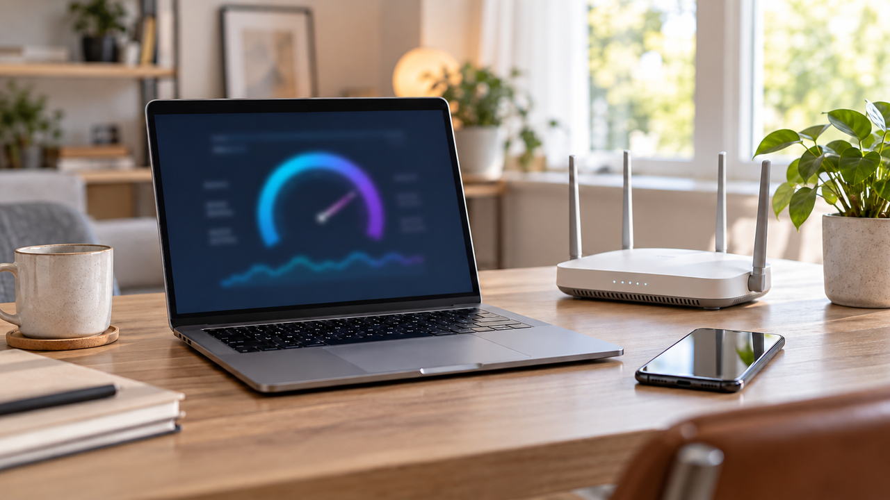 Laptop with a blurred speed chart, Wi-Fi router and smartphone on a sunlit home-office desk