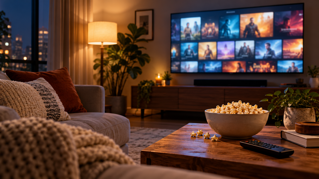 Cozy living room at night with a TV showing a blurred grid of movie thumbnails