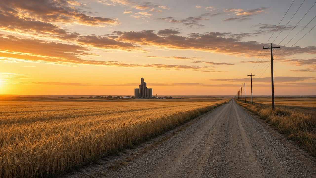 Rural Kansas farmland at sunset with a grain elevator and a utility line running along a gravel road, no logos or readable text
