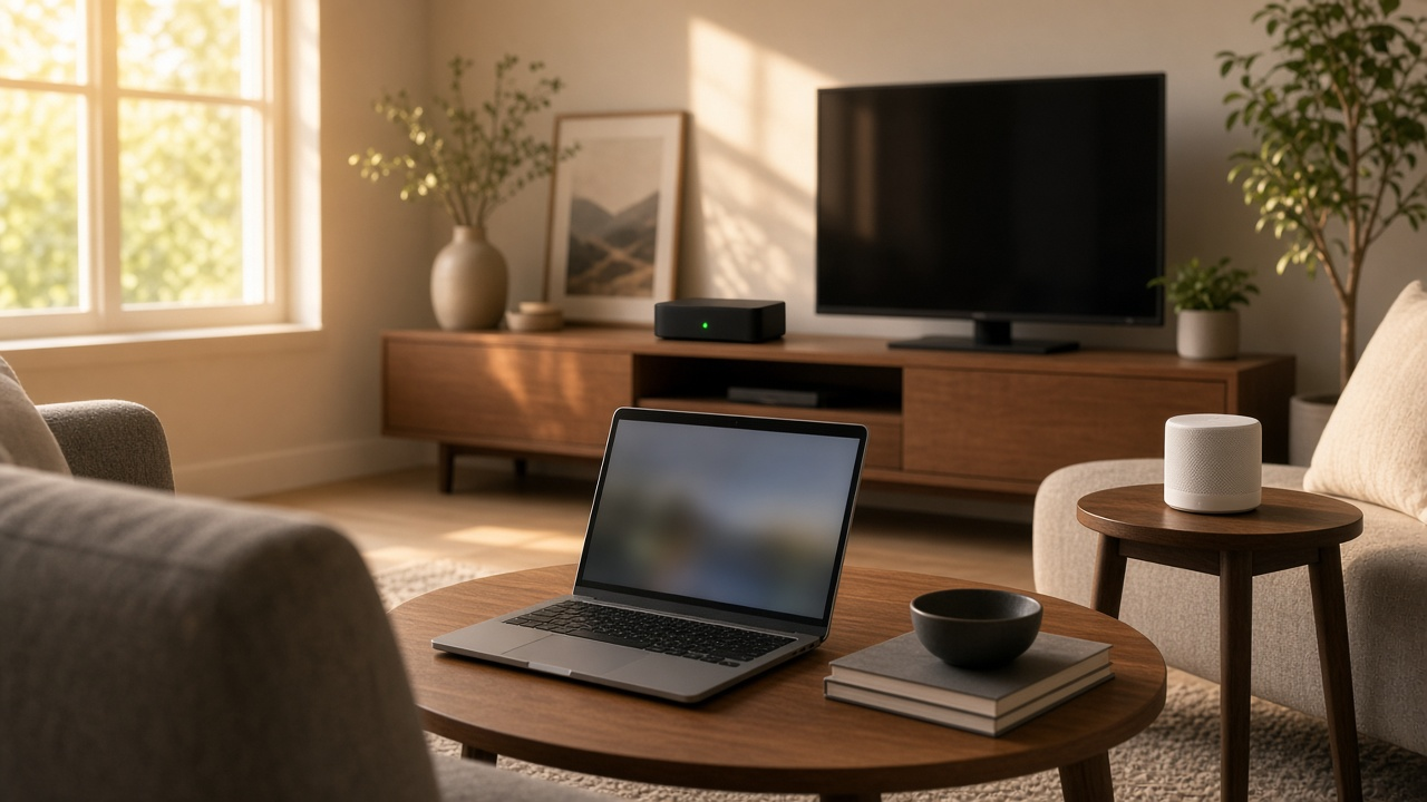 Modern living room with a fiber gateway on a media console, soft evening light through windows, and a home Wi-Fi mesh node on a side table