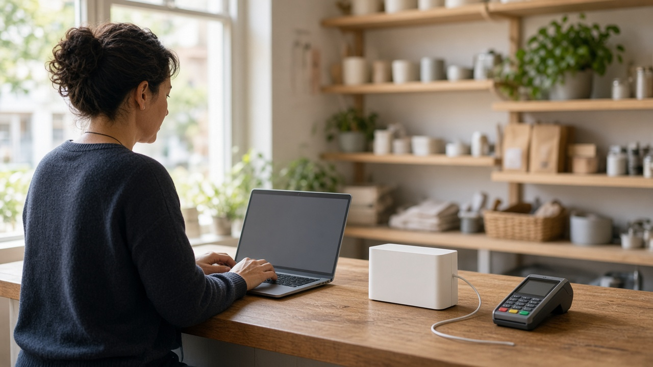 Small business owner at a shop counter working on a laptop next to a fiber internet router