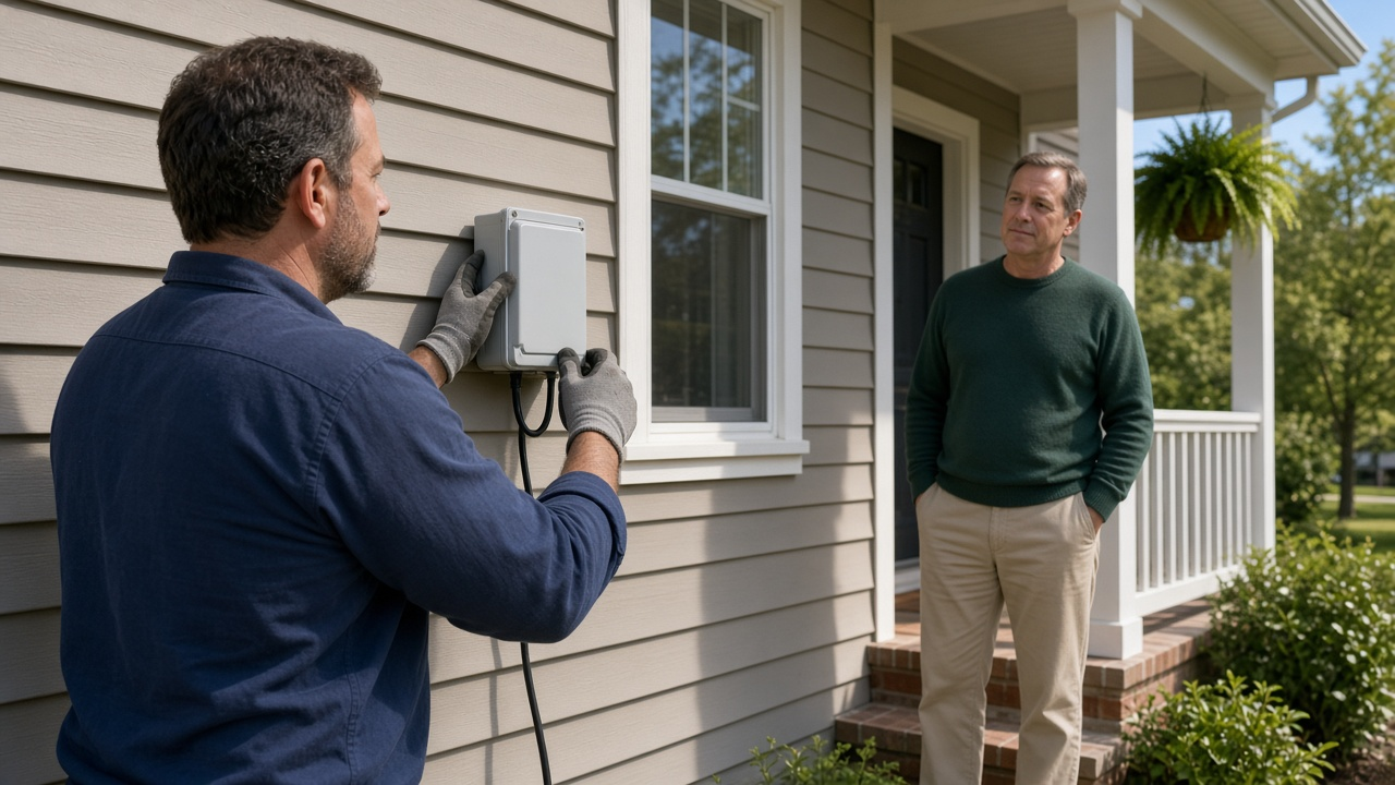 Technician installing a small fiber box on the exterior wall of a suburban house, homeowner watching, daytime, no logos or readable text