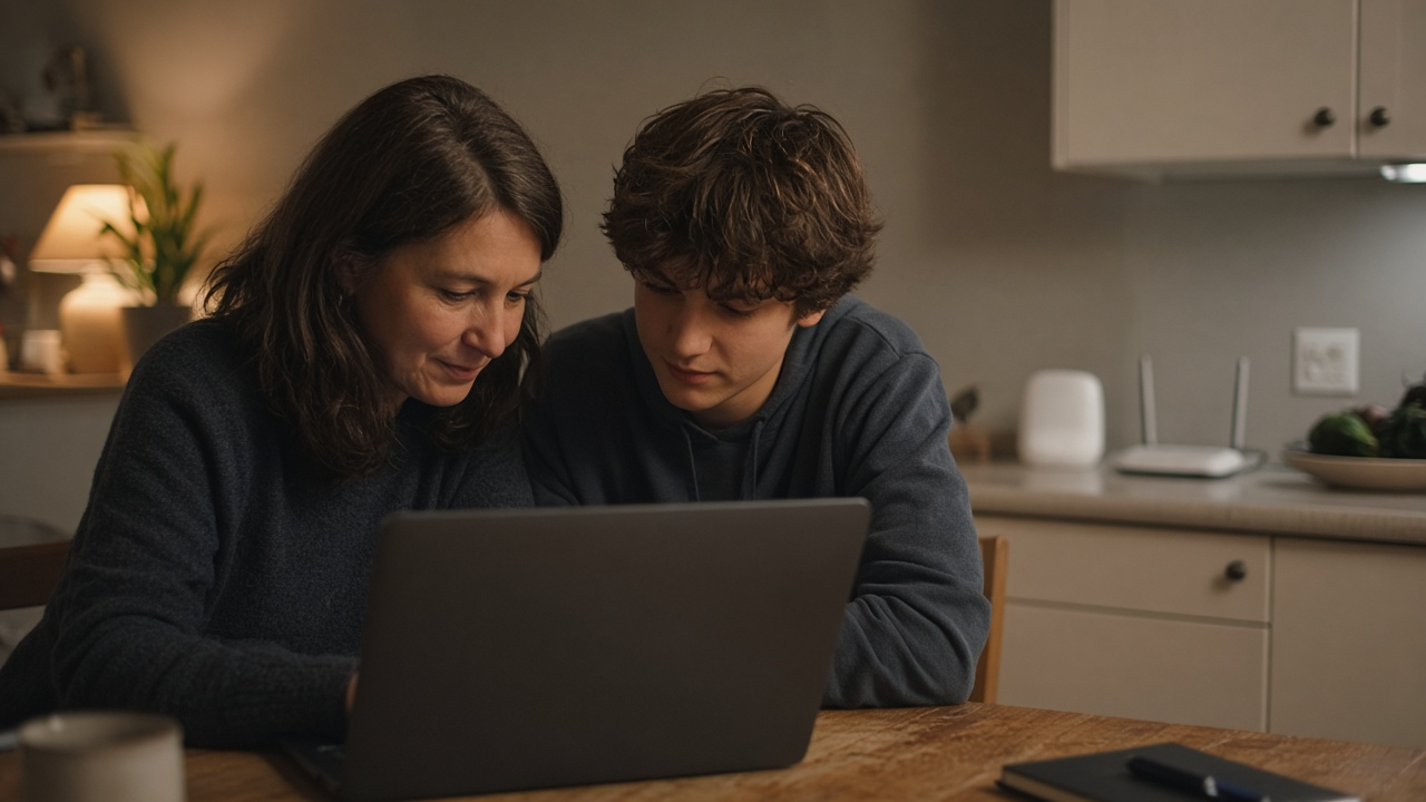 Parent and teenager at a kitchen table doing homework on a laptop with a small router nearby, warm evening light, no logos or readable text