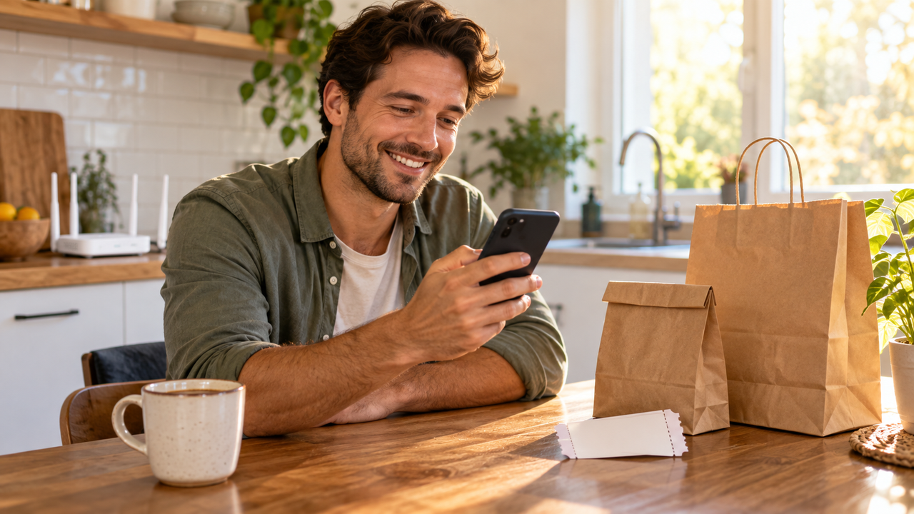 Smiling adult at a kitchen table holding a smartphone, with a coffee mug and a home Wi-Fi router in the background