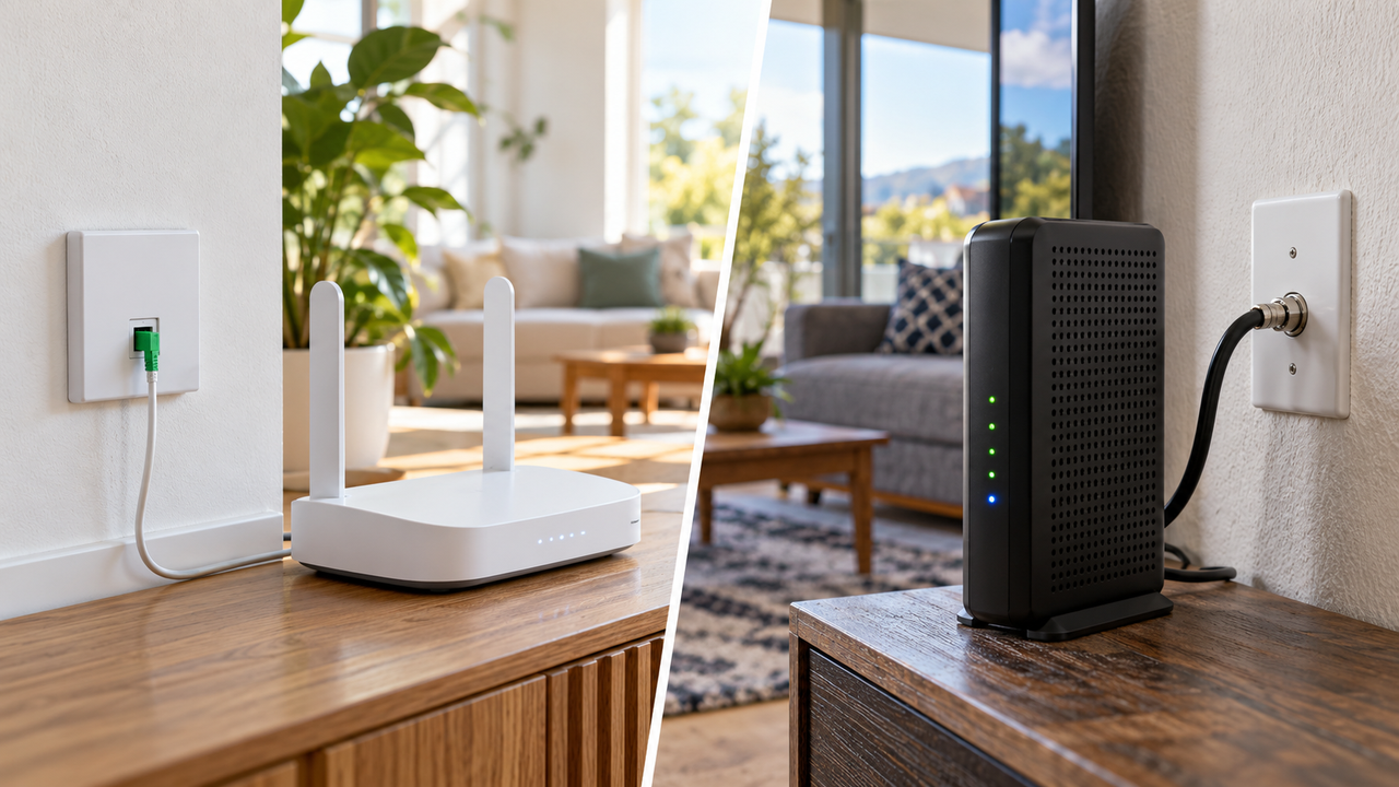 Router with blinking lights on a hallway shelf beside a fiber wall outlet and a coaxial cable outlet
