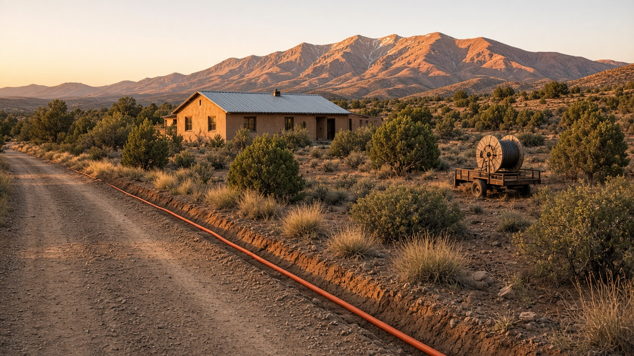 Fiber conduit being laid along a dirt road in rural northern New Mexico with an adobe home and mountains at sunset