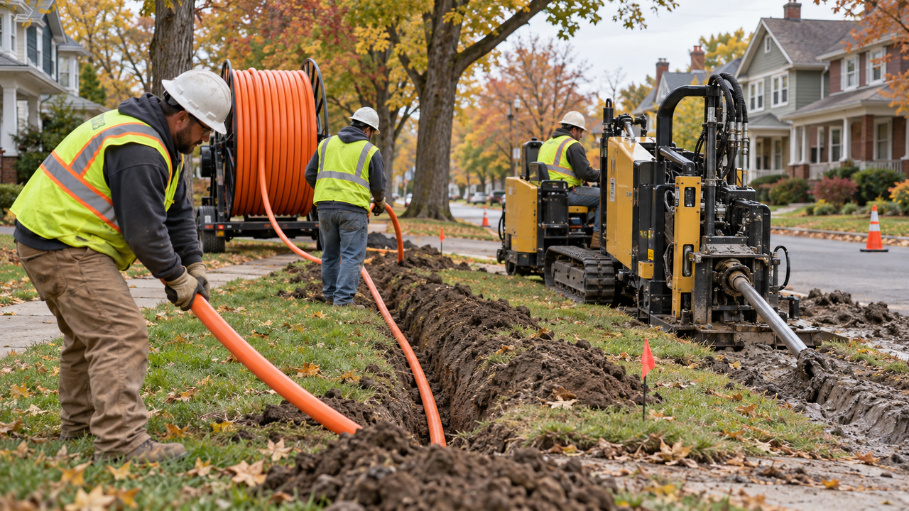 Utility crew laying orange fiber-optic conduit along a tree-lined residential street of older two-story homes in a small Ohio city