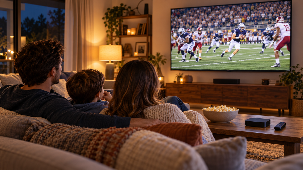 Living room with a family watching a college football game on a large TV, a small streaming box and voice remote on the coffee table