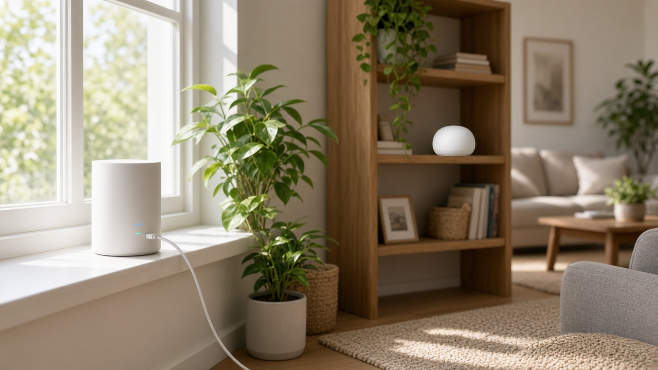 Cellular home internet gateway and mesh Wi-Fi nodes in a living room