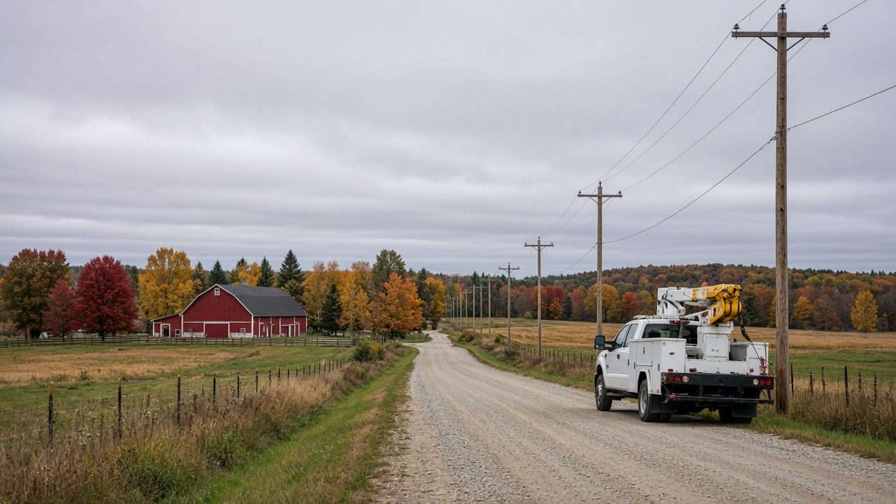 Rural Michigan farmland in autumn with a crew truck and new utility poles along a gravel road, cloudy sky, no logos or readable text