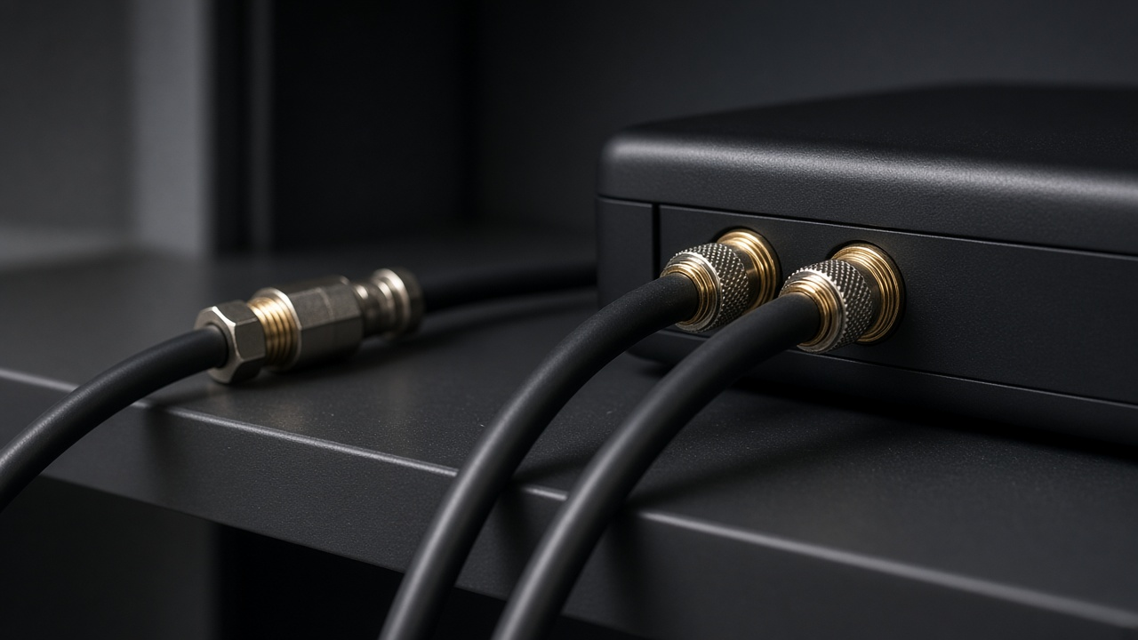 Close-up of black coaxial cables connected to unbranded network equipment