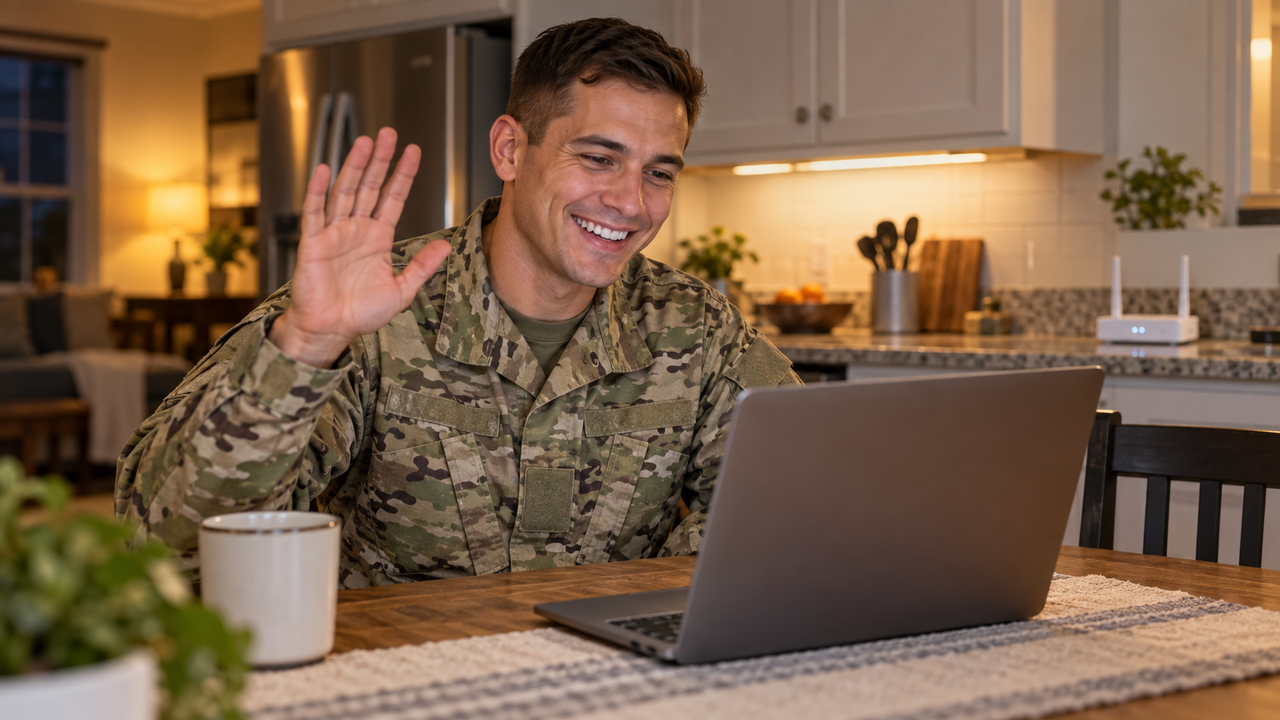 Service member in uniform at a kitchen table on a video call with family on a laptop, a Wi-Fi router on the counter