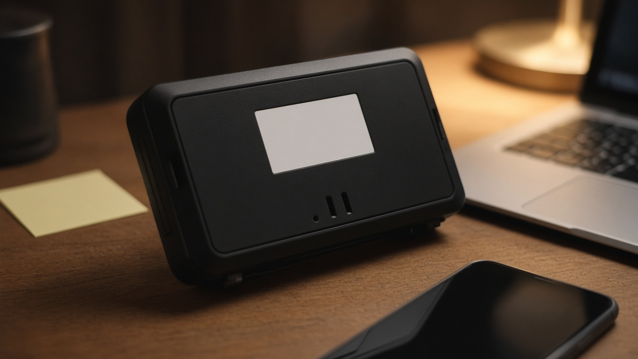 Laptop on a kitchen table beside a smartphone and a small pocket hotspot device with a status light, warm window light, no logos