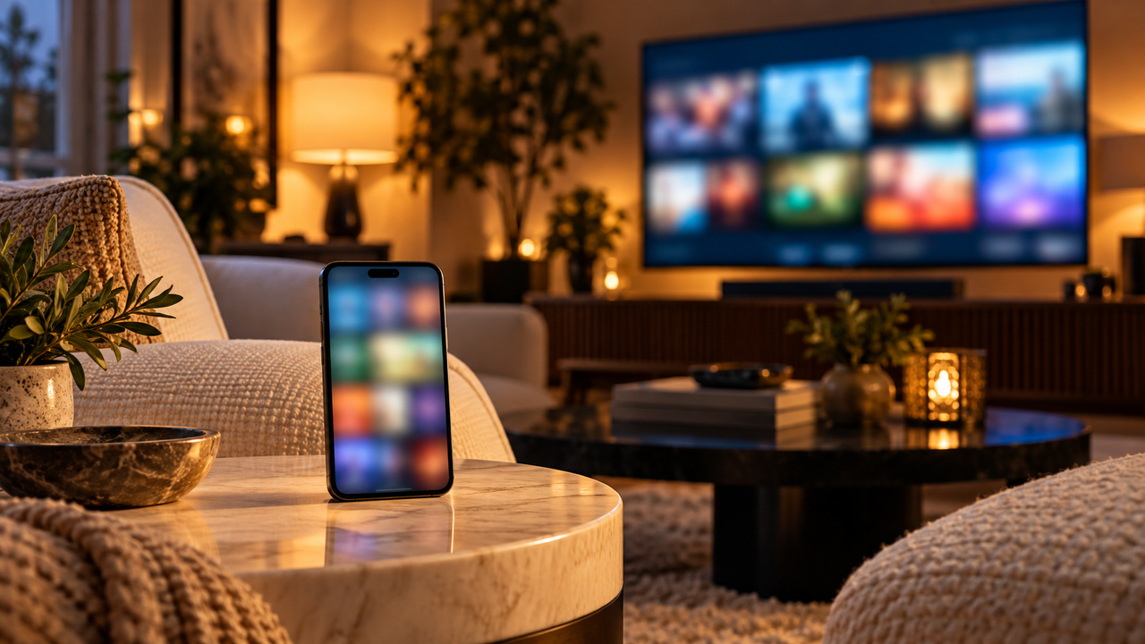 A smartphone with blurred colorful tiles on a side table in front of an out-of-focus television in a warmly lit living room