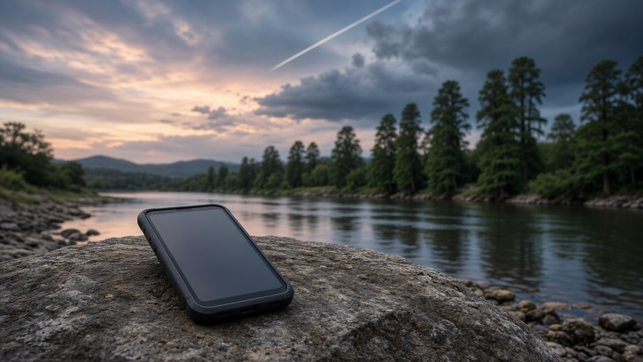 Rugged smartphone resting on a rock beside a calm rural river at dusk under gathering storm clouds, no readable screen or logos