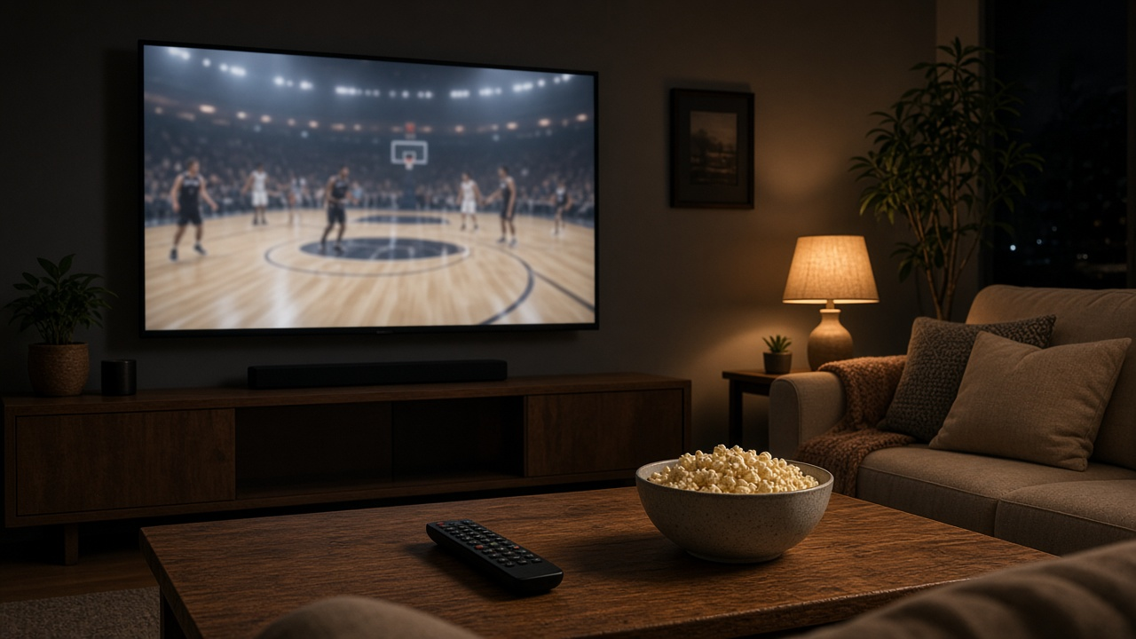 Living room TV showing a blurred basketball court under arena lights, a remote and snack bowl on a coffee table, evening light, no logos or readable text