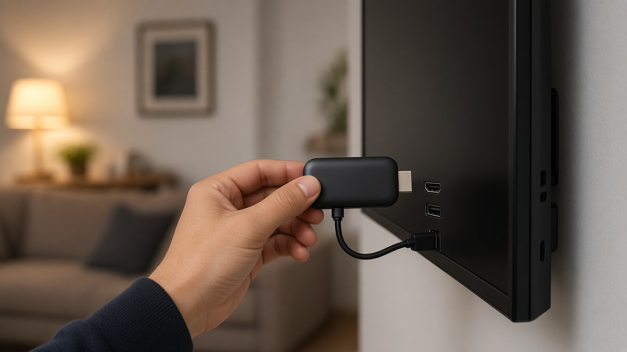 Streaming stick and remote beside a television in a living room