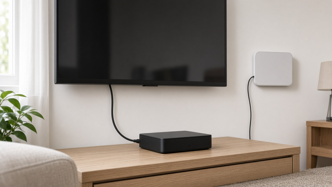 Small black TV converter box connected by HDMI under a living room TV, with an indoor antenna on the wall, daylight, no logos or readable text