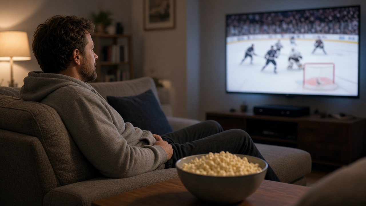 Hockey fan on a living room couch watching a softly blurred ice hockey game on a large TV, evening light, no logos or readable text