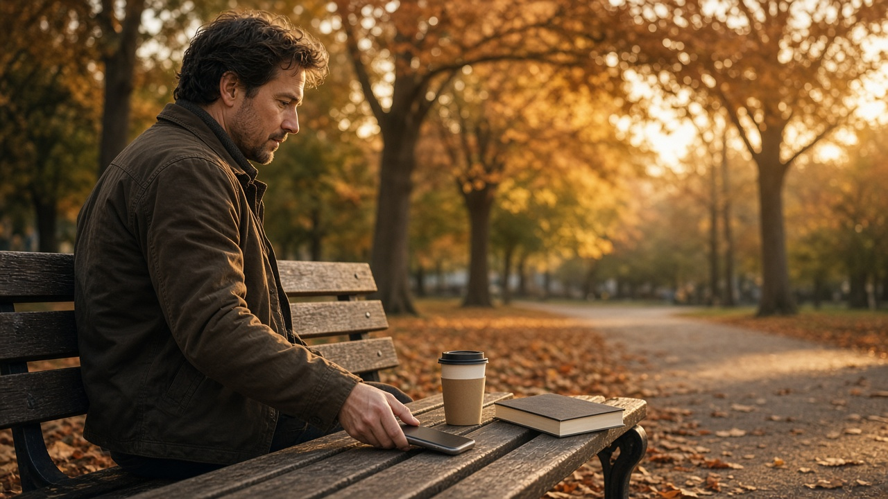 Person on a park bench at golden hour putting a smartphone face down on the bench beside a coffee cup and a paperback book
