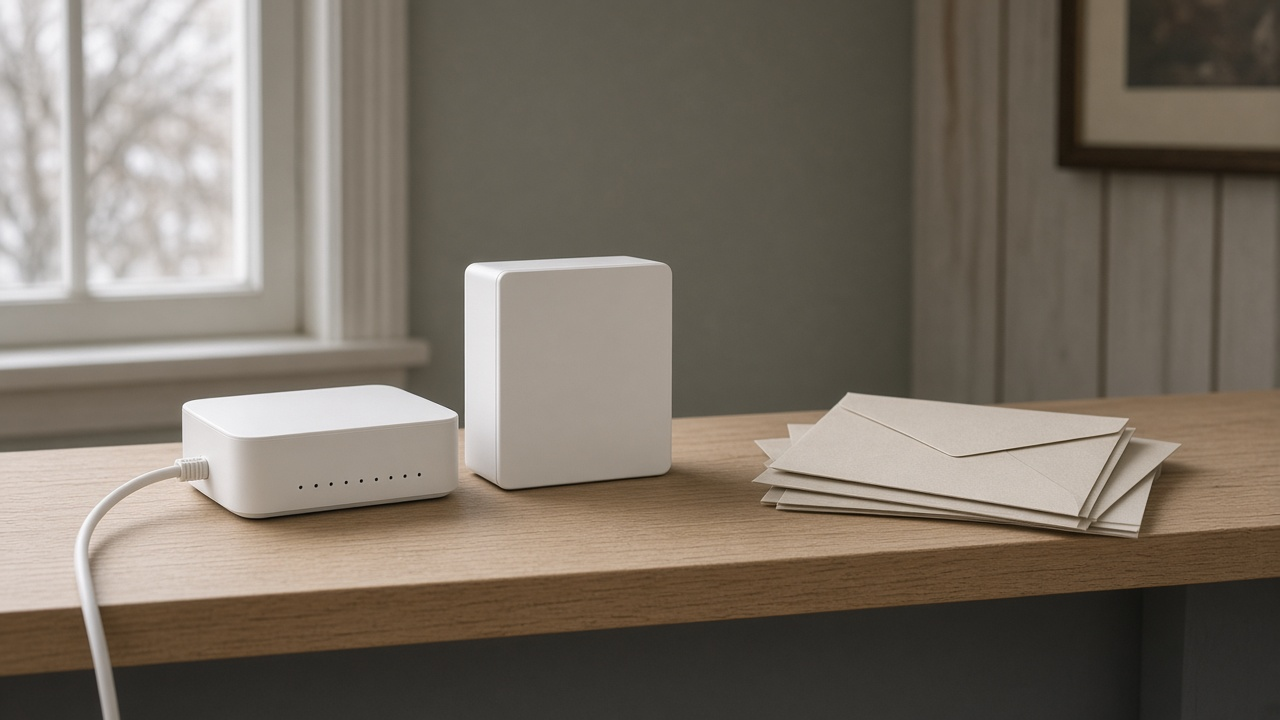 White router and modem on a wooden shelf by a window with a small stack of envelopes