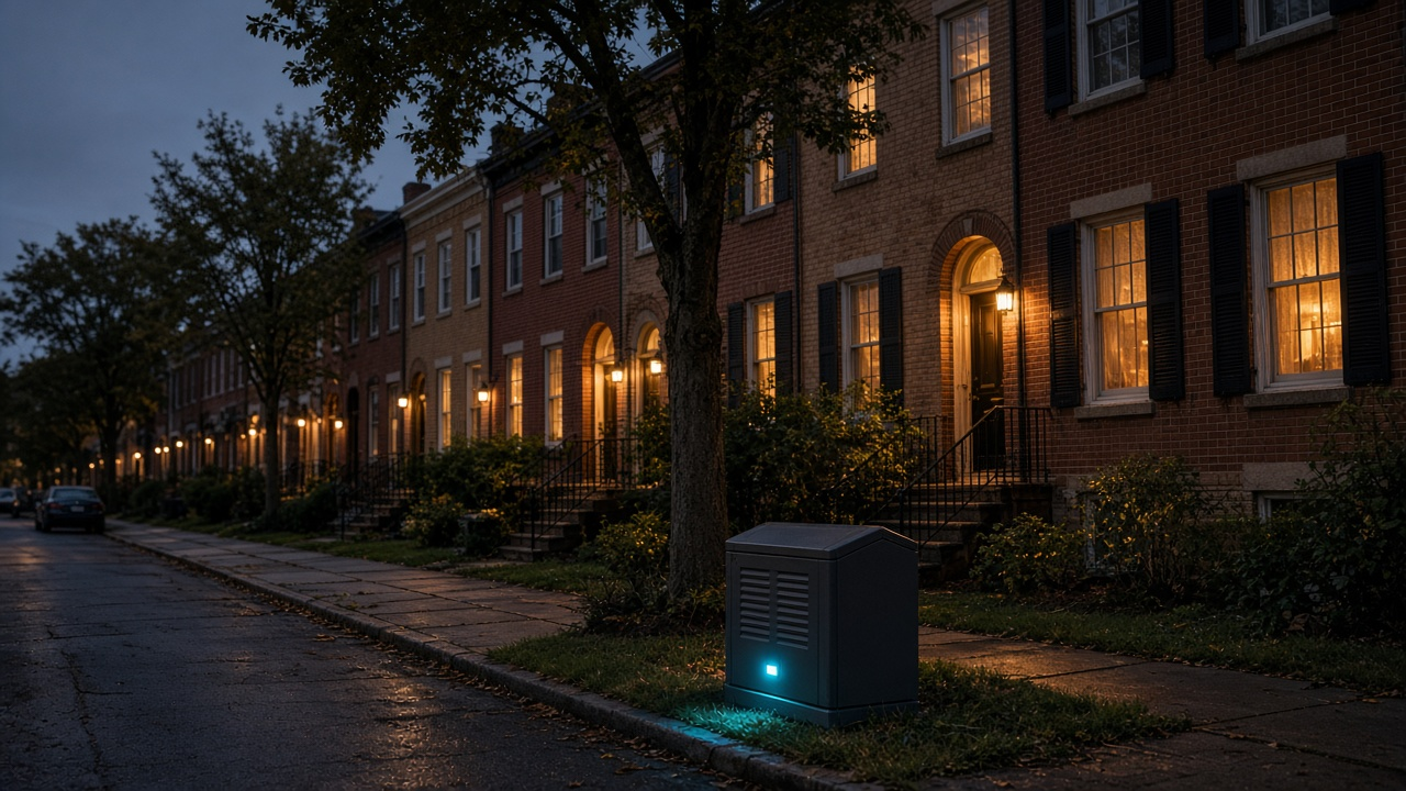 Brick row-house street at dusk with a curbside utility cabinet