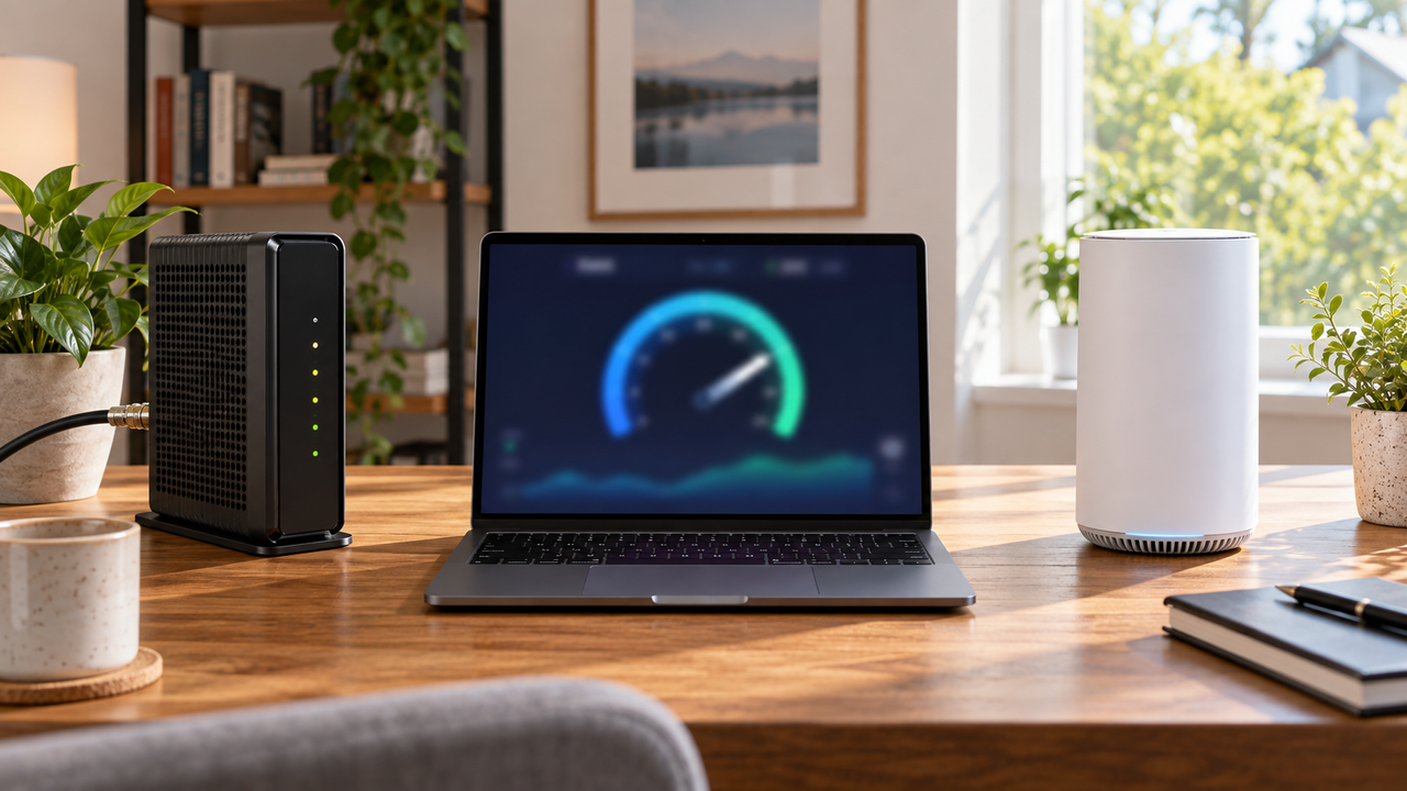 Home office desk with a cable modem on one side and a 5G home internet gateway near a sunny window on the other