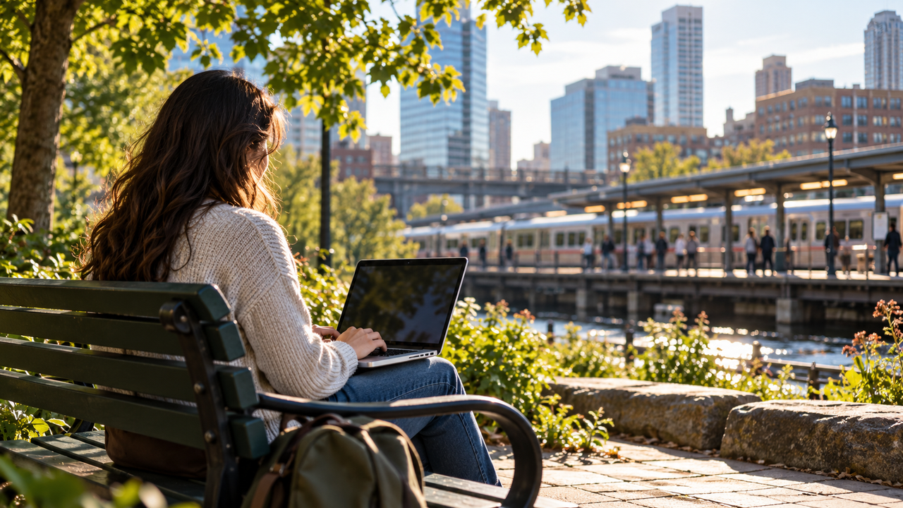Person using a laptop on a park bench in a city park with commuters and a train platform softly blurred behind