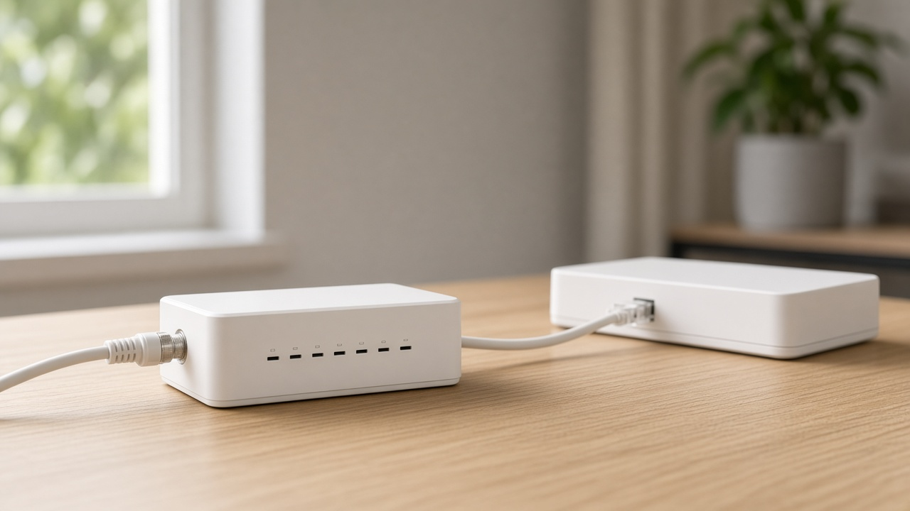 A plain white cable modem with coax and ethernet connected to an unbranded Wi-Fi router on a wooden desk near a window, soft daylight, no logos