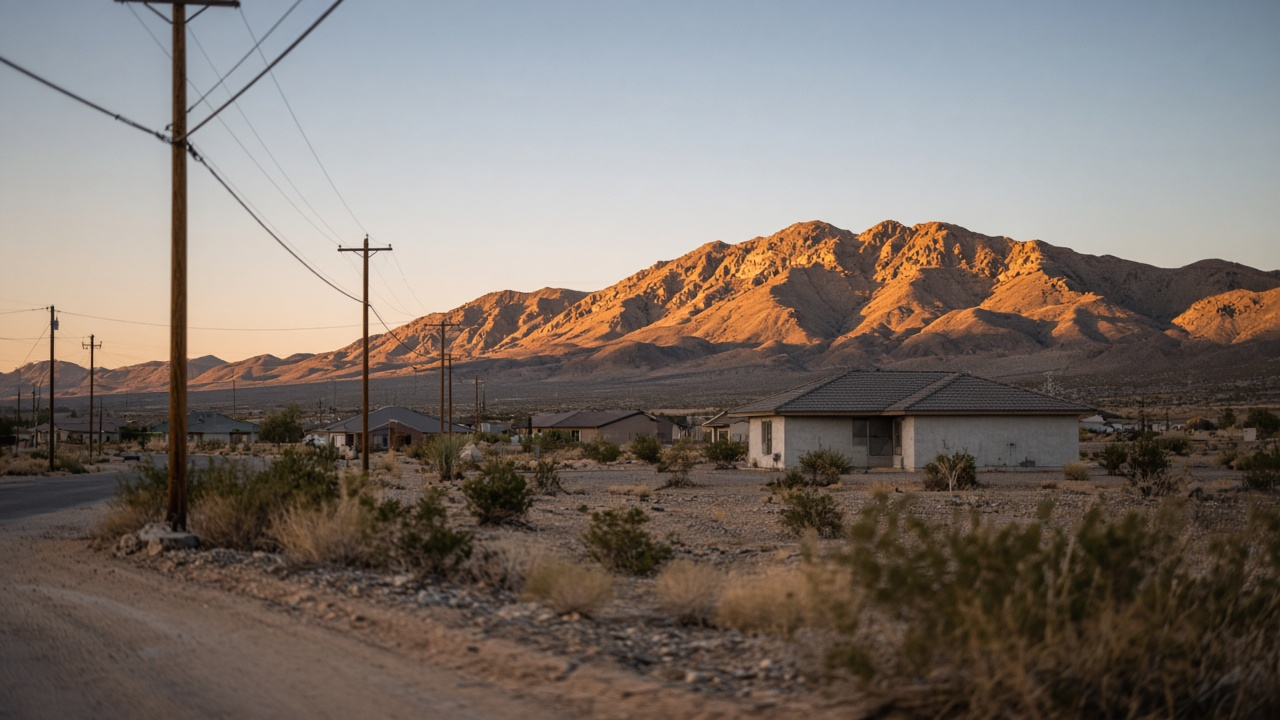 Desert neighborhood of single-story homes in a Nevada valley with utility poles and mountains at sunset