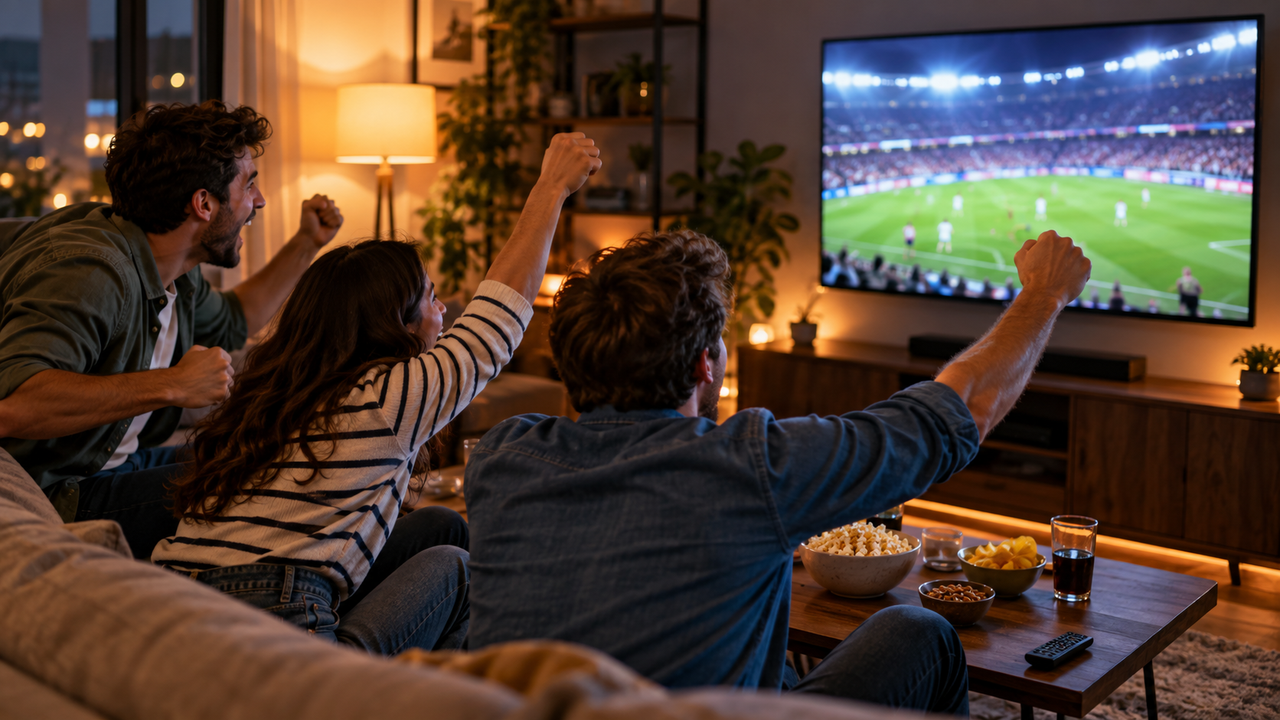 Friends cheering on a couch in front of a big-screen TV showing a blurred live sports broadcast