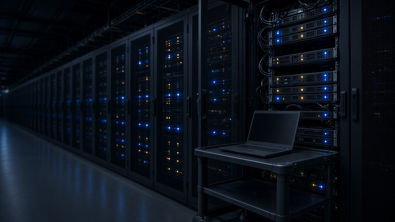 Dim server room aisle with blue and amber status lights and a laptop on a cart beside an open rack, no people or logos