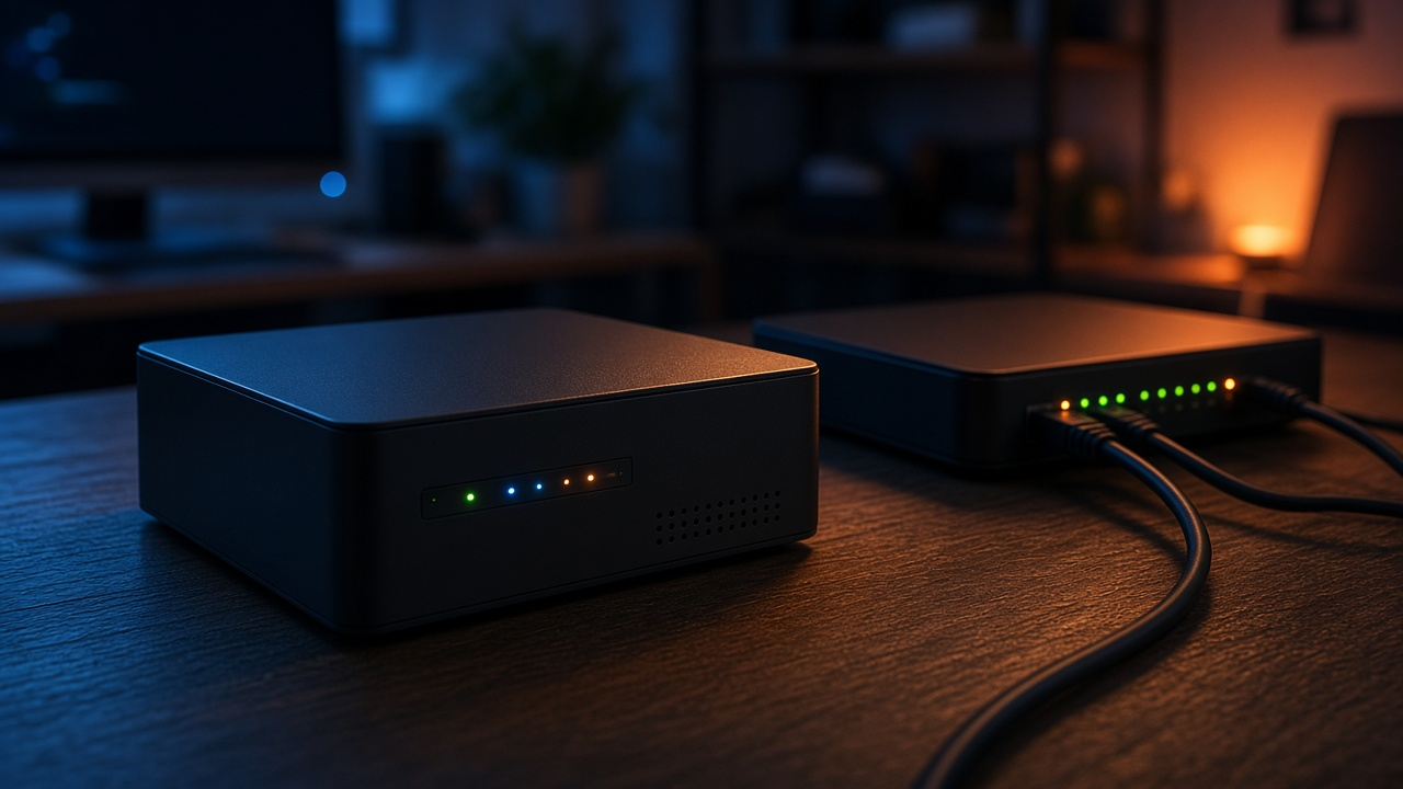 Home media server box and network router on a desk in a dim home office with blinking lights