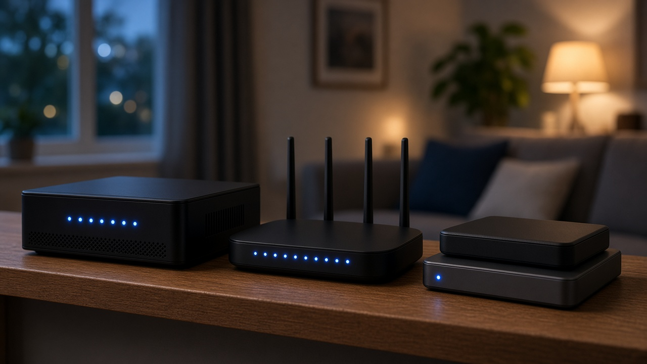 Small home media server and network router on a shelf with soft blue status lights, a few external drives beside them, no readable text, no people or logos