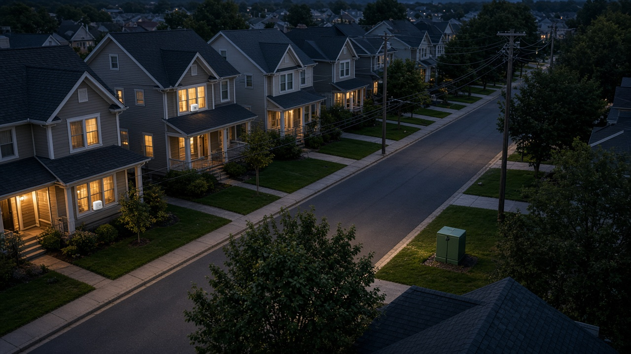 Overhead view of a suburban neighborhood at dusk with new fiber conduit trenches along the sidewalks and a white 5G home internet box in a window, no logos
