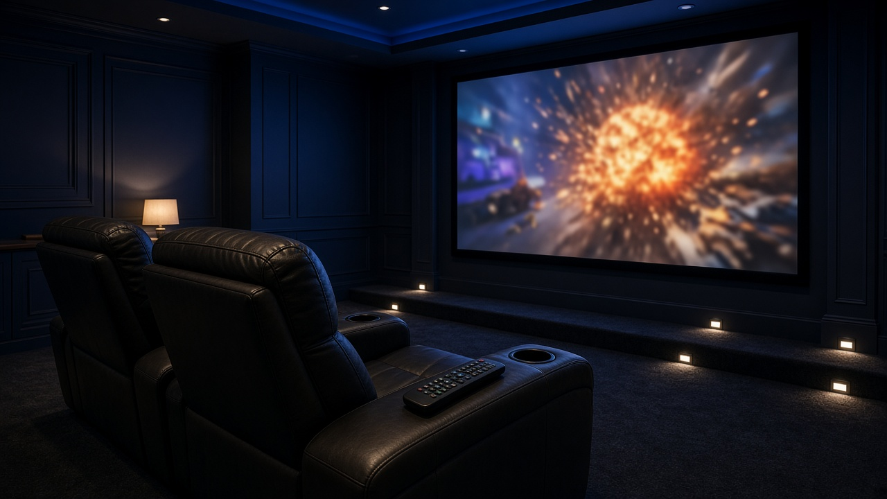 Living room smart TV showing a blurred movie scene, with a remote control and popcorn bowl on a coffee table