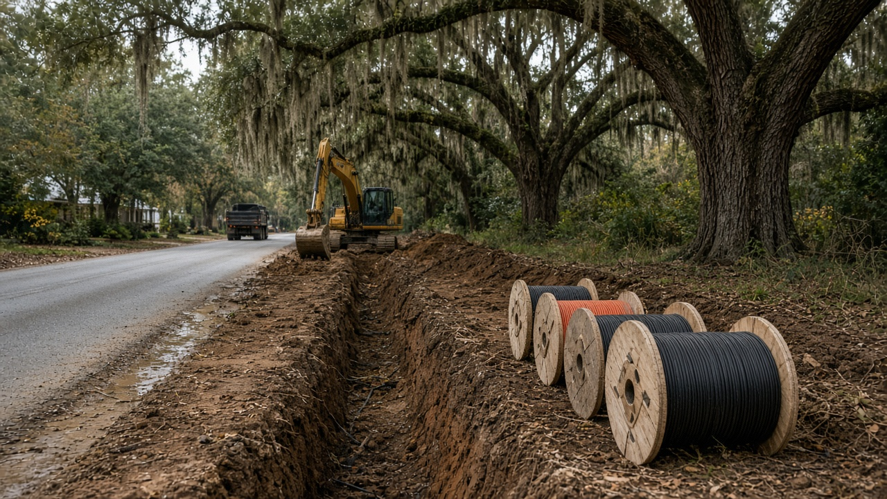 Trench and orange conduit along a rural Louisiana road at sunrise