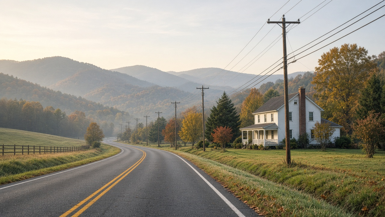 Rural North Carolina road with utility poles and fiber lines running past a farmhouse and rolling hills, autumn morning, no logos or readable text