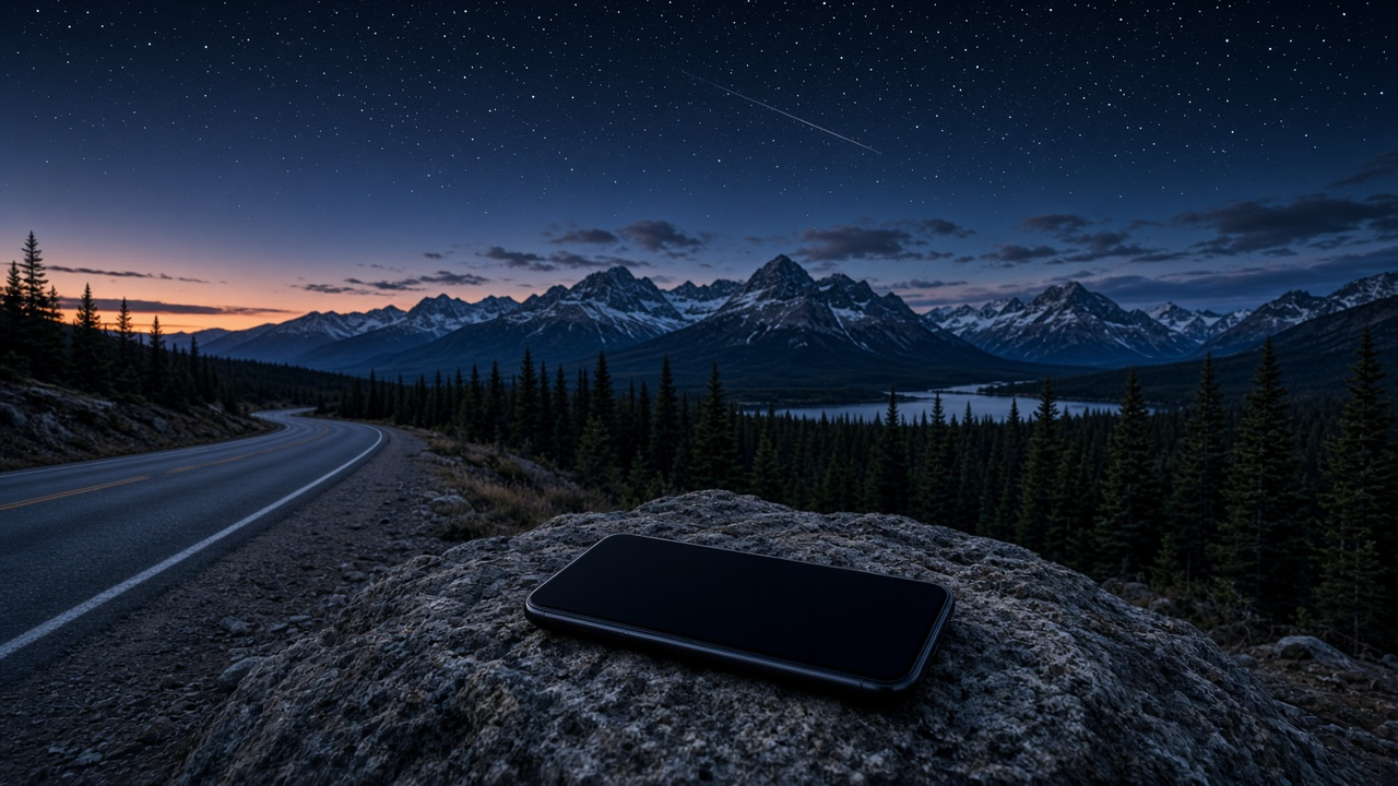 Smartphone on a rock beside a remote northern Canadian lake