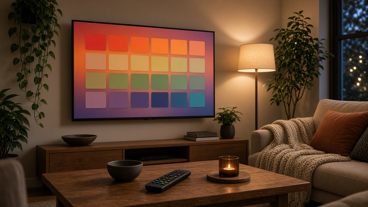 Smart TV on a living room wall showing a grid of colorful app tiles with a streaming remote on a coffee table